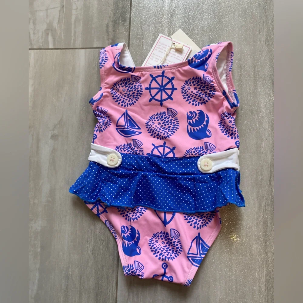 The Beaufort Bonnet Company Pink Blue White Nautical One-Piece Swimsuit for Kids